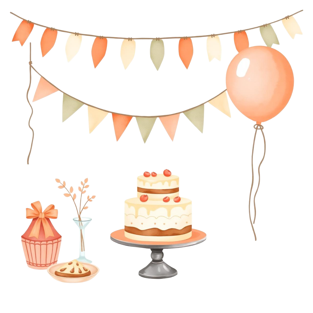 Hand-illustrated party scene with a tiered cake, paper bunting and balloons in warm pastel tones